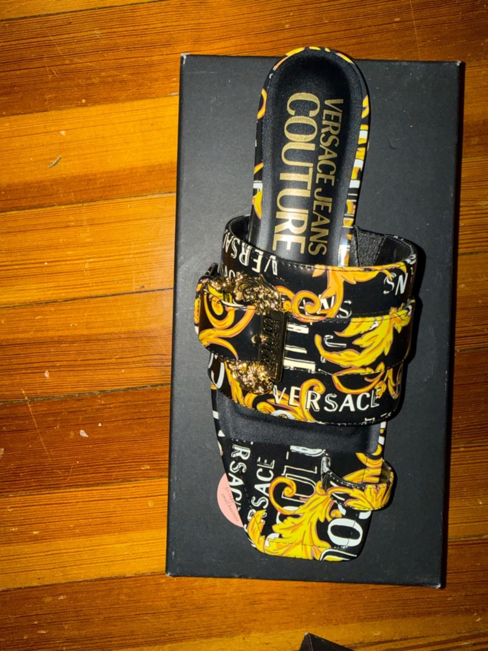 Versace Couture Jeans Collection Black & Gold Baroque Slide Sandal